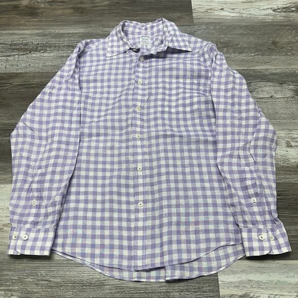 Brooks Brothers Purple White Gingham Mens M Regent Fit Linen Button Up Shirt EUC - Picture 2 of 8
